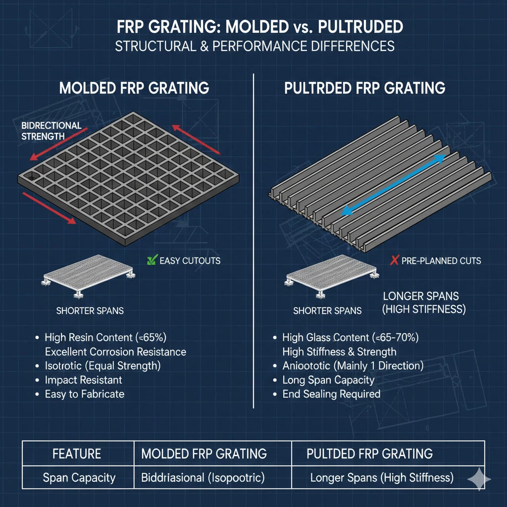 Comparison between molded FRP grating and pultruded FRP grating structures Comparison between molded FRP grating and pultruded FRP grating structures
