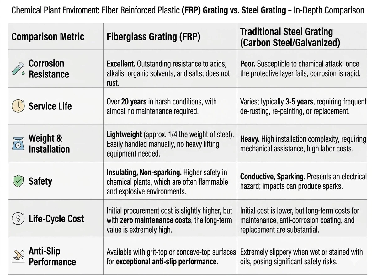 fiberglass grating used in chemical plant showing corrosion resistance compared to rusted steel grating fiberglass grating used in chemical plant showing corrosion resistance compared to rusted steel grating