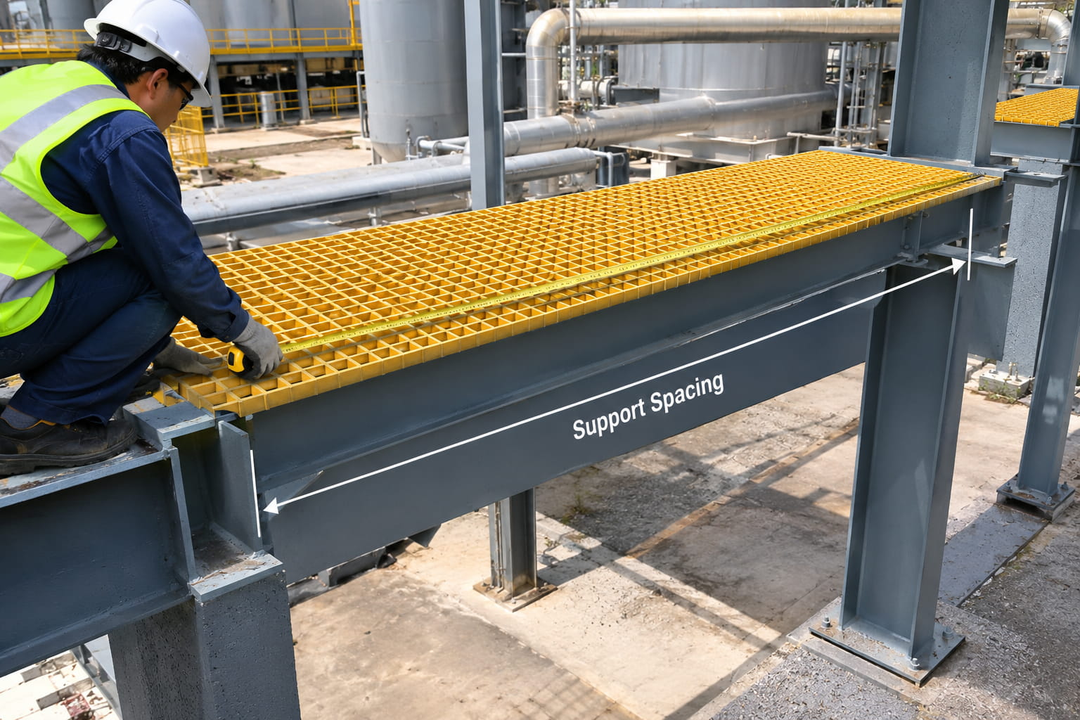 FRP grating panel installed across structural supports with measured support spacing FRP grating panel installed across structural supports with measured support spacing