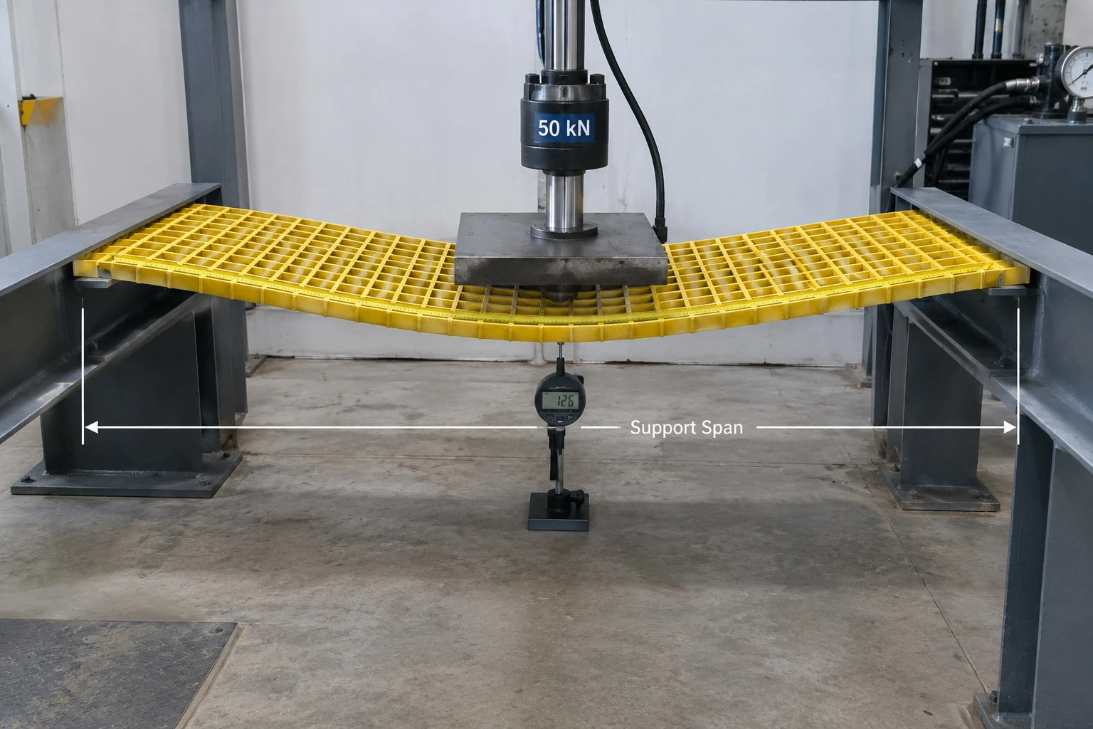 FRP grating panel deflecting under a controlled load between structural supports FRP grating panel deflecting under a controlled load between structural supports