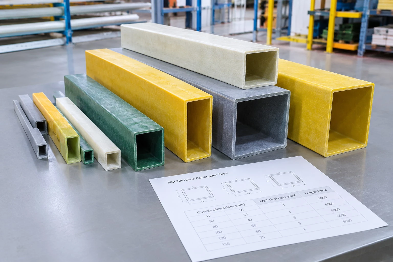 Pultruded fiberglass rectangular tubes with different dimensions and wall thicknesses for industrial structural applications Pultruded fiberglass rectangular tubes with different dimensions and wall thicknesses for industrial structural applications