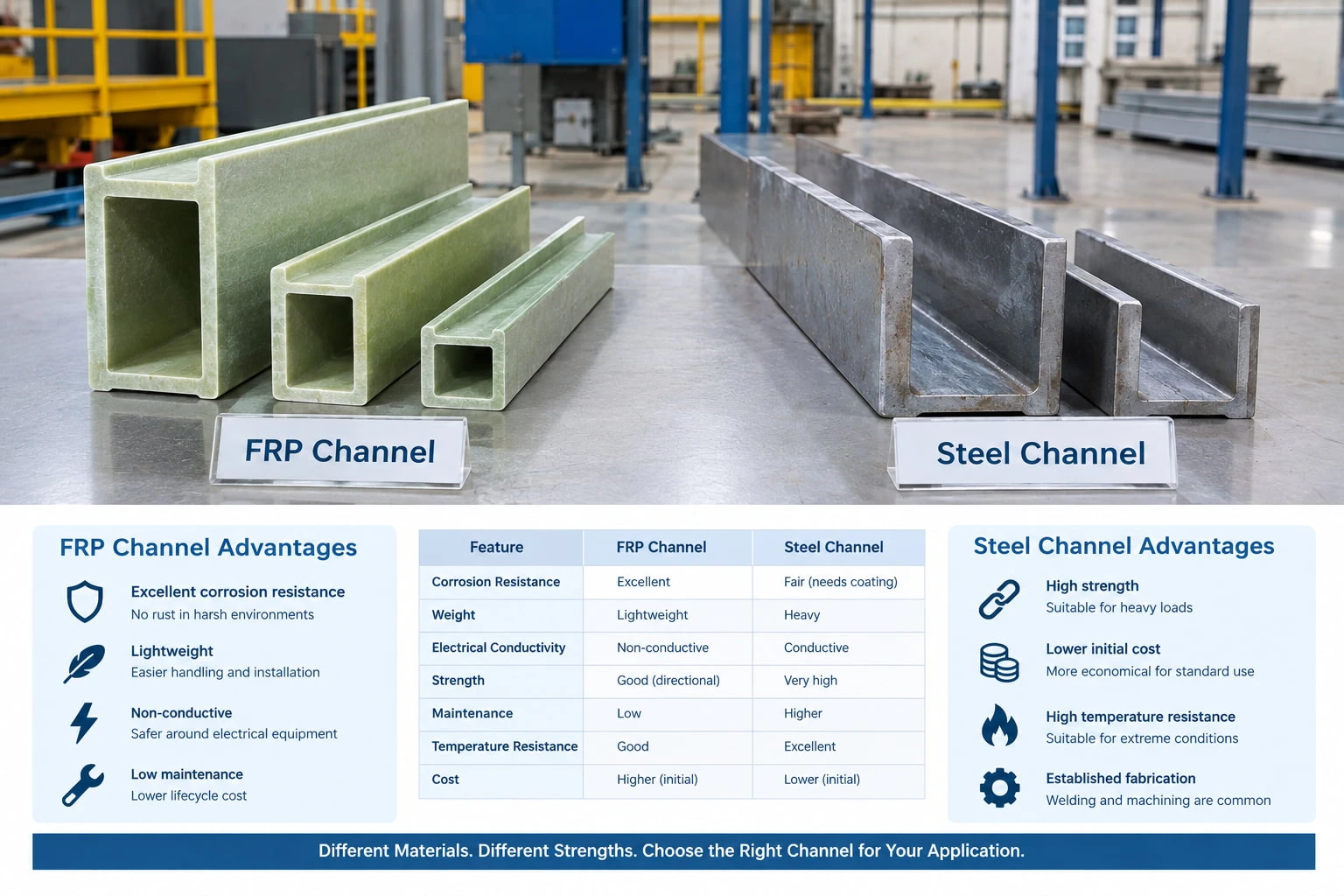 FRP channel and steel channel compared for industrial structural applications FRP channel and steel channel compared for industrial structural applications