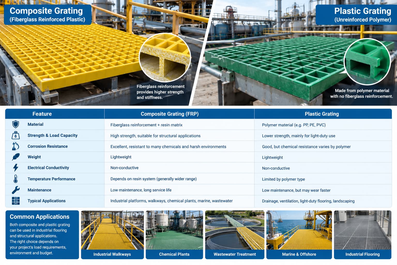 Composite grating and plastic grating compared for industrial flooring and structural applications Composite grating and plastic grating compared for industrial flooring and structural applications
