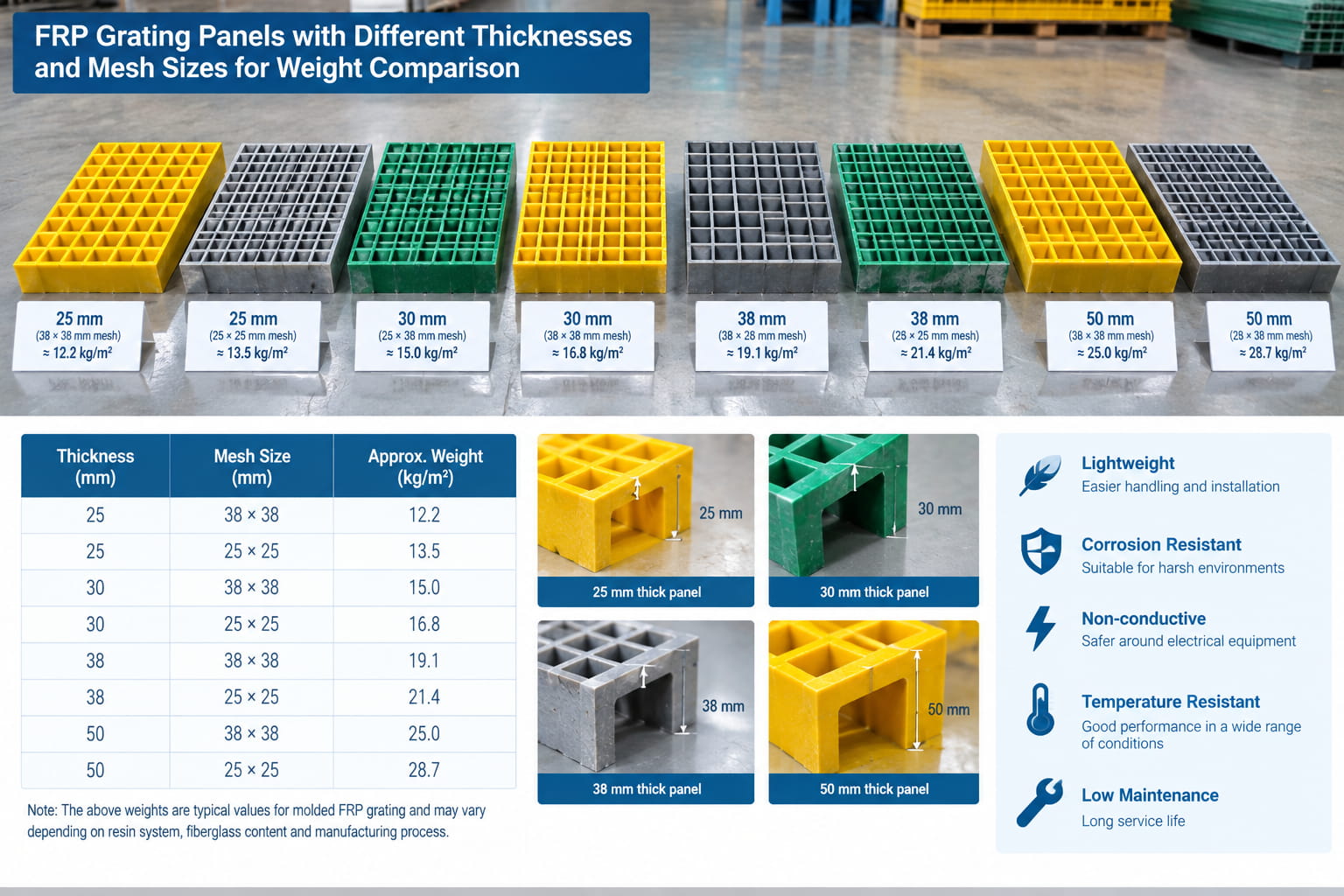 FRP grating panels with different thicknesses and mesh sizes for weight comparison FRP grating panels with different thicknesses and mesh sizes for weight comparison