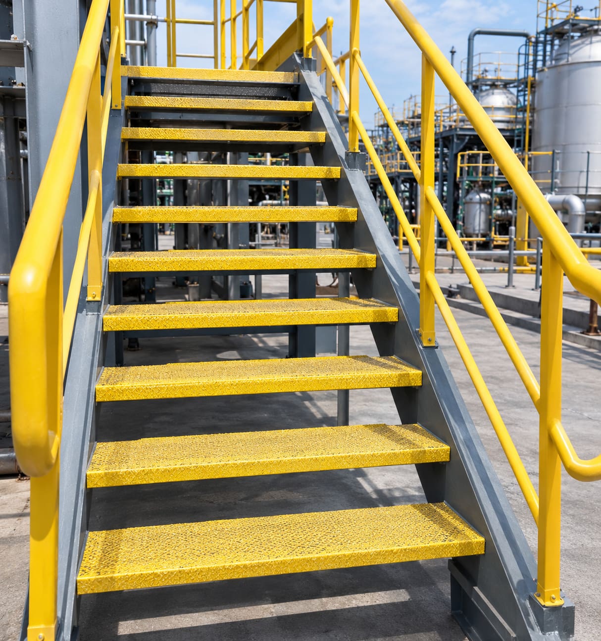 Fiberglass FRP stair treads installed on an industrial access staircase with anti-slip walking surfaces Fiberglass FRP stair treads installed on an industrial access staircase with anti-slip walking surfaces