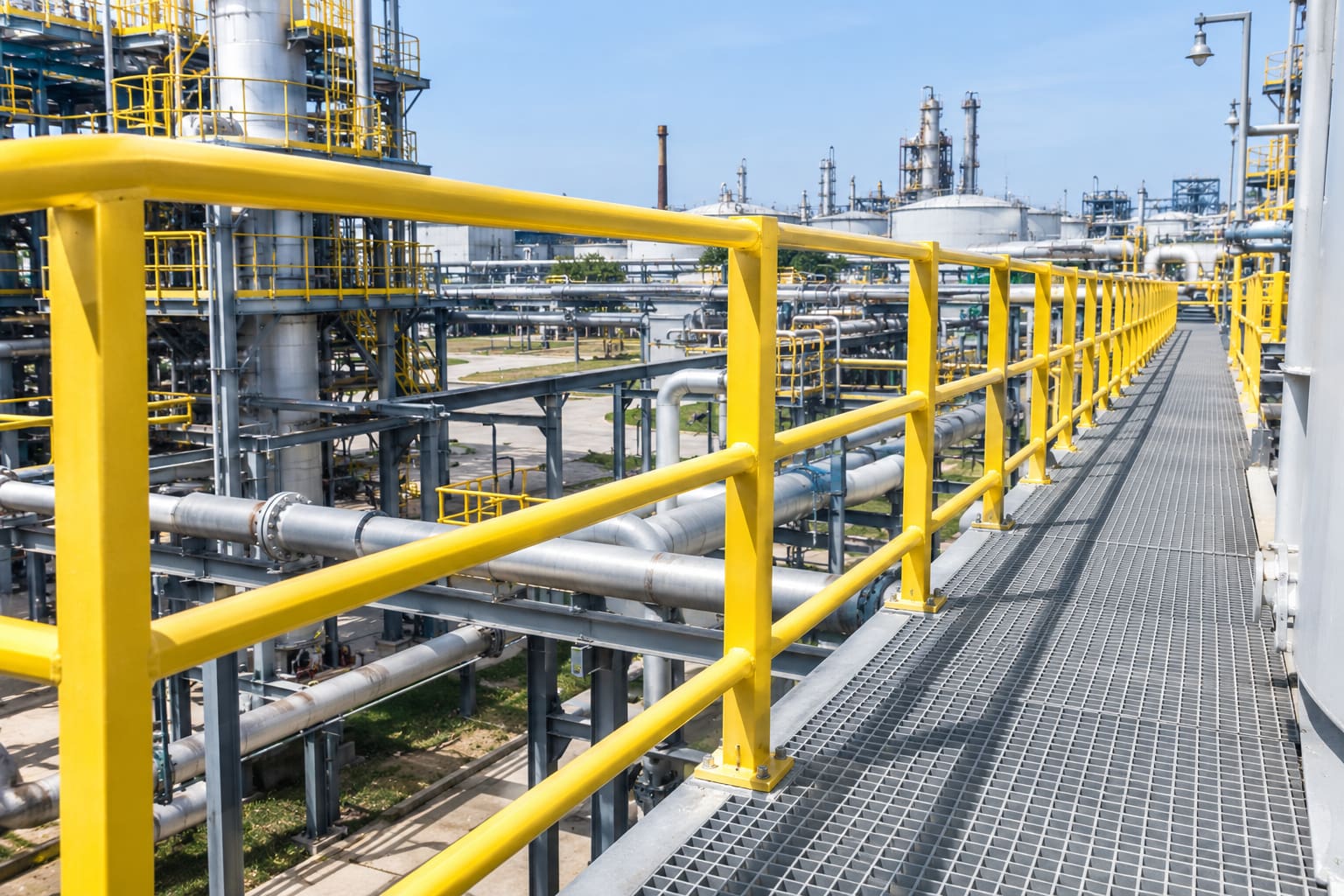 Fiberglass FRP handrail system installed along an industrial access platform Fiberglass FRP handrail system installed along an industrial access platform