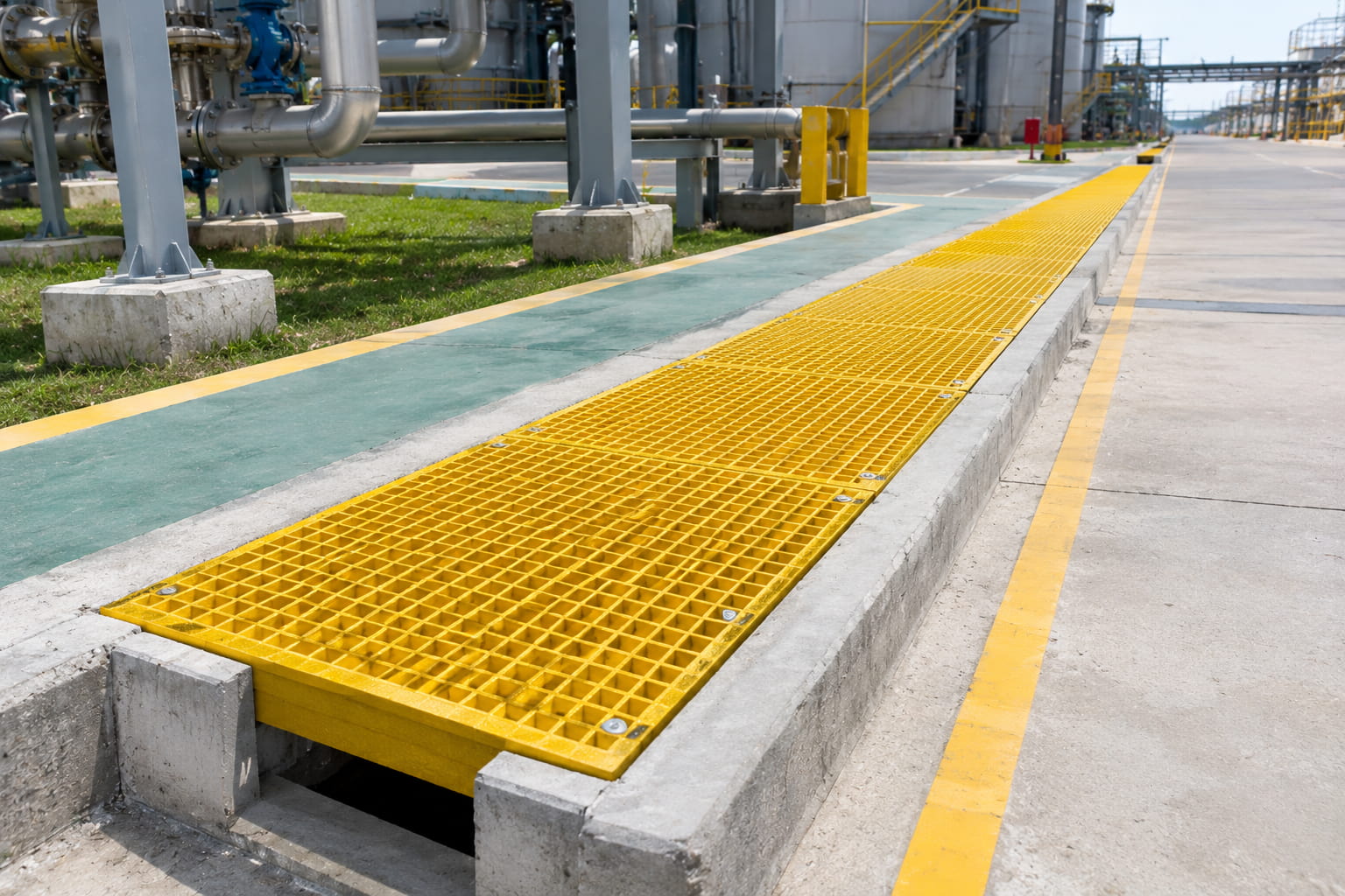 Fiberglass FRP trench covers installed over an industrial drainage channel Fiberglass FRP trench covers installed over an industrial drainage channel