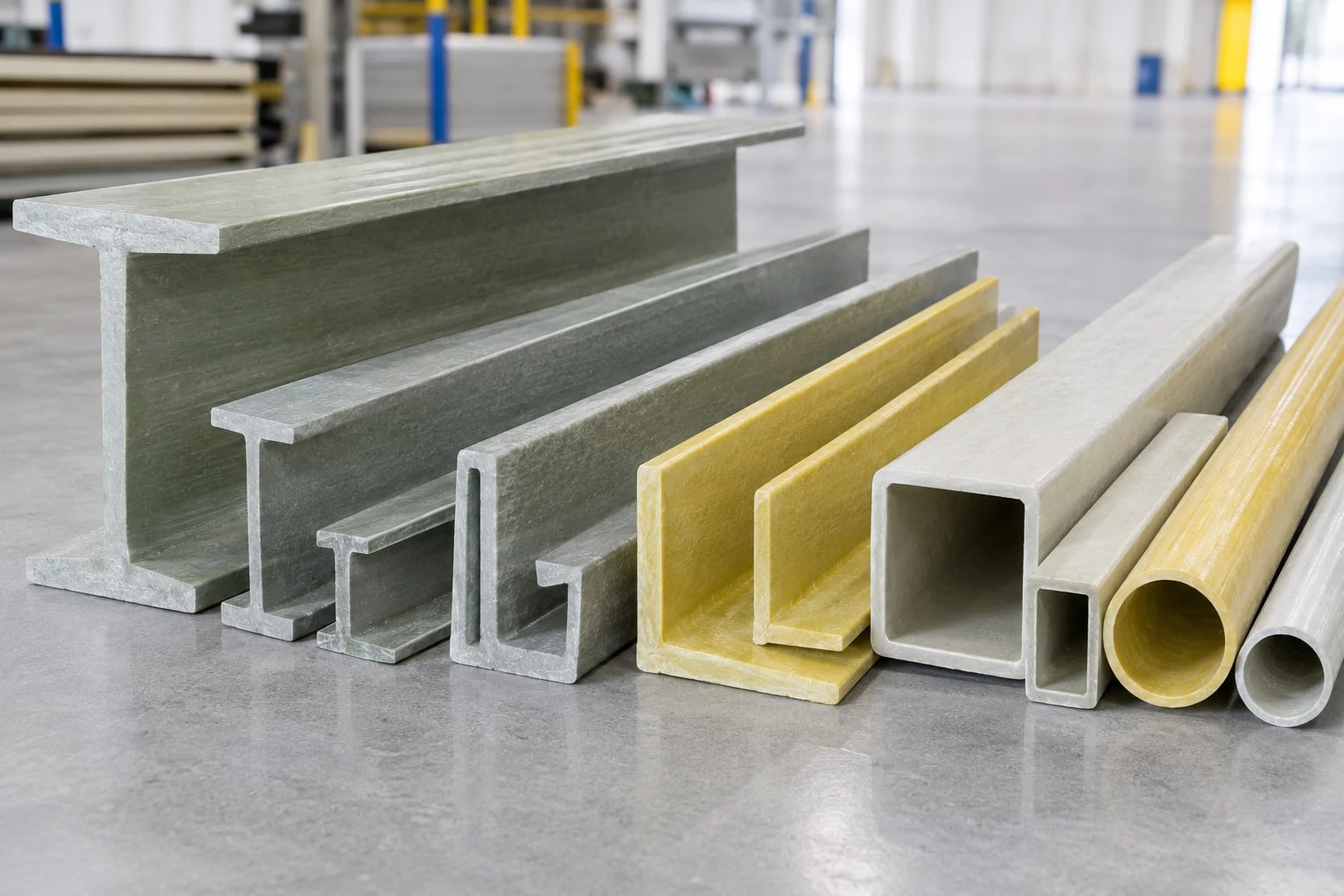FRP pultruded structural profiles including I-beams channels angles and hollow fiberglass tubes FRP pultruded structural profiles including I-beams channels angles and hollow fiberglass tubes