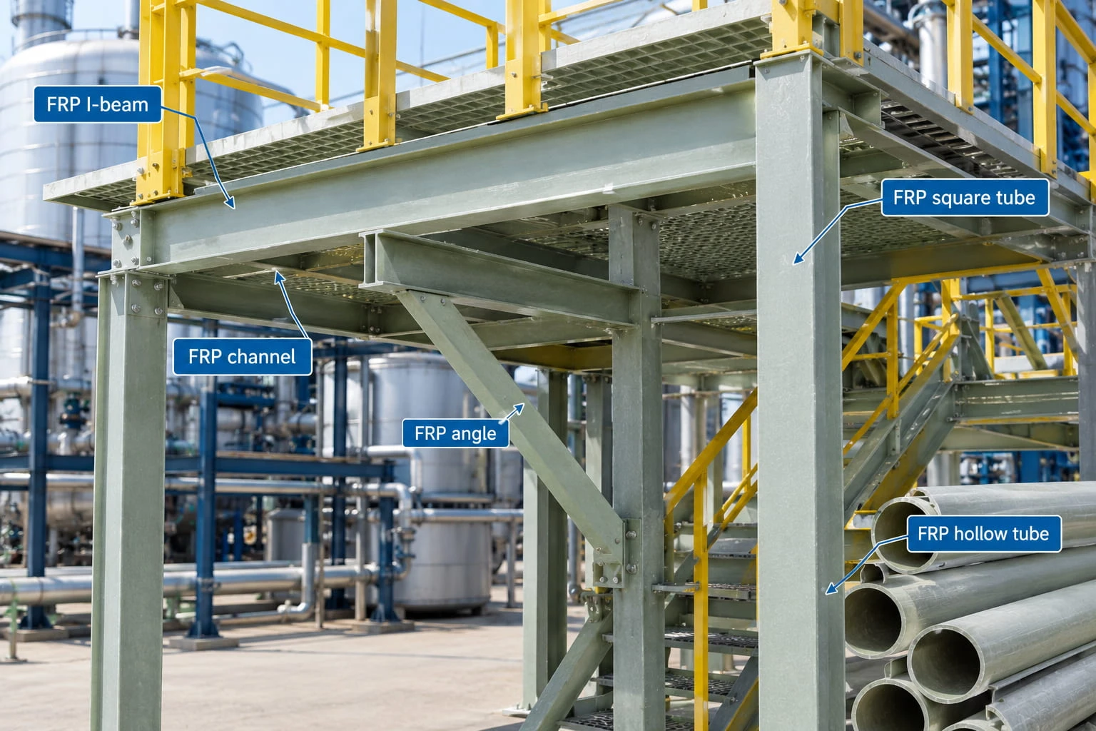 FRP pultruded fiberglass I-beams channels angles and hollow tubes used in industrial structural assemblies FRP pultruded fiberglass I-beams channels angles and hollow tubes used in industrial structural assemblies