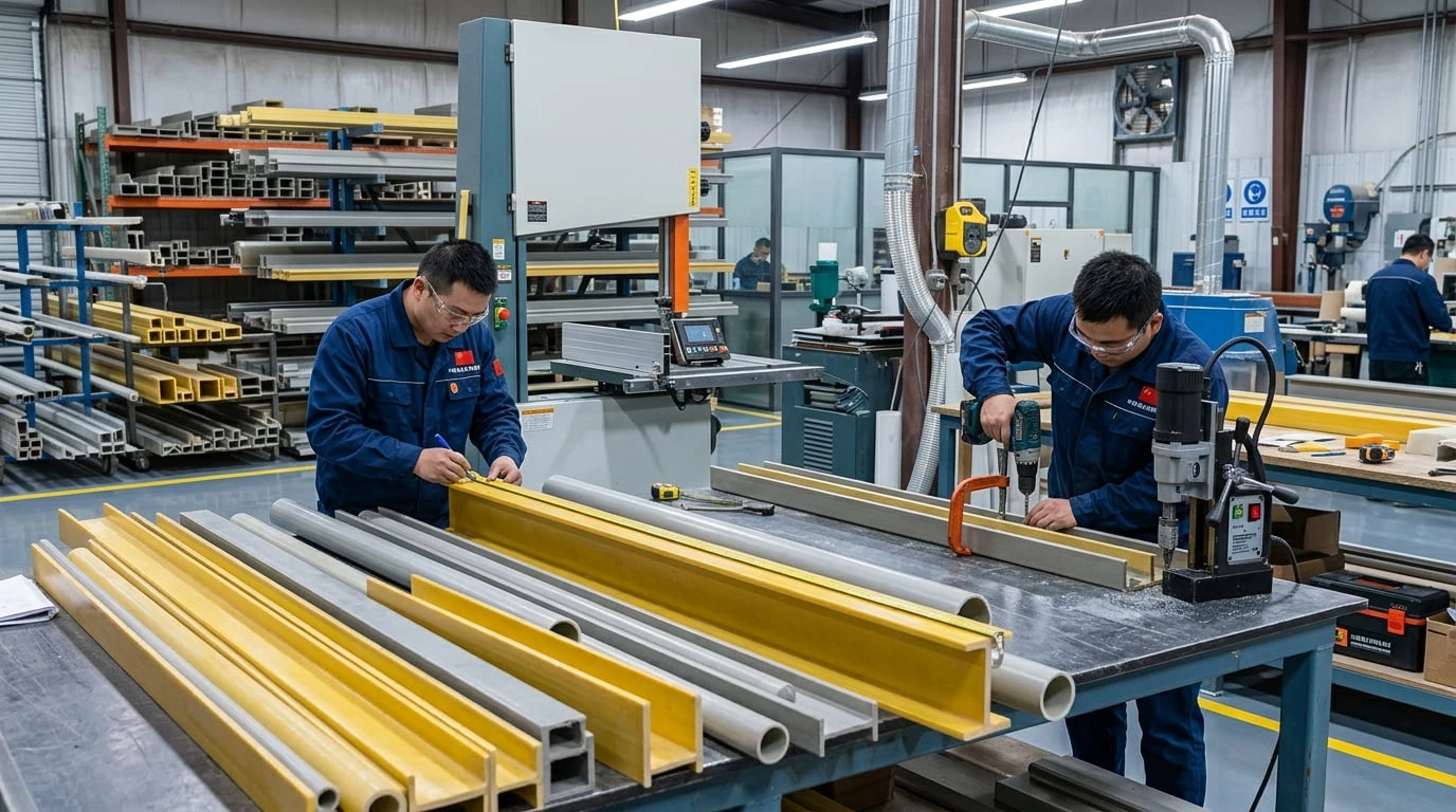 FRP pultruded fiberglass profiles being measured and prepared for cutting and drilling in an industrial workshop FRP pultruded fiberglass profiles being measured and prepared for cutting and drilling in an industrial workshop