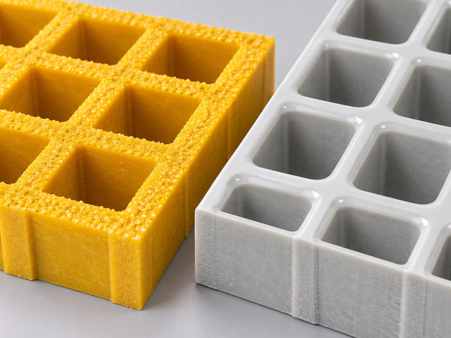 Close-up comparison of concave and gritted FRP molded grating surfaces for industrial flooring Close-up comparison of concave and gritted FRP molded grating surfaces for industrial flooring